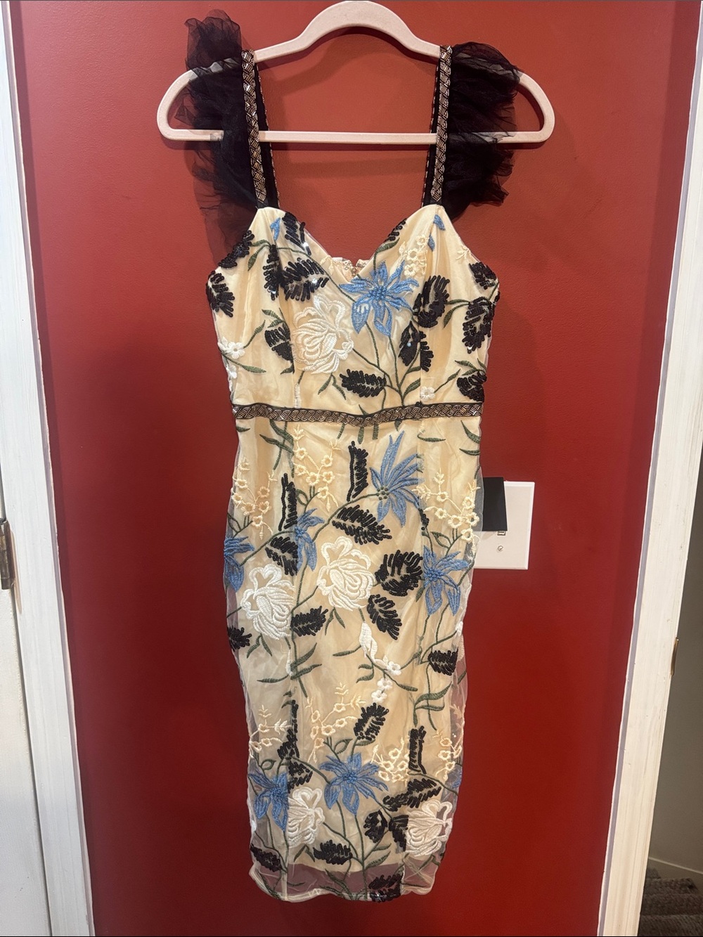 Lulus Embroidered Tulle Strap Midi Dress NWT